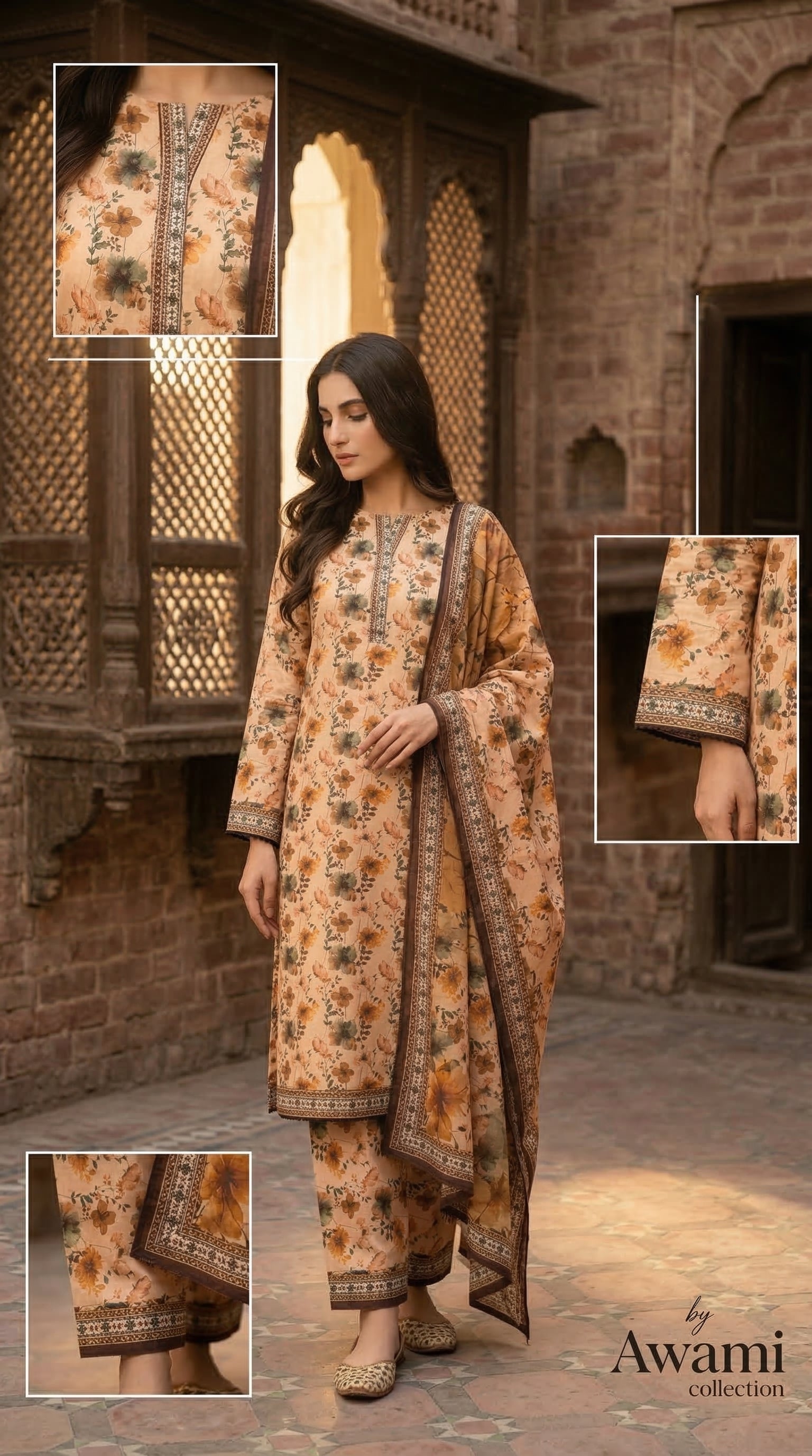 3 piece Peach Floral Printed Lawn