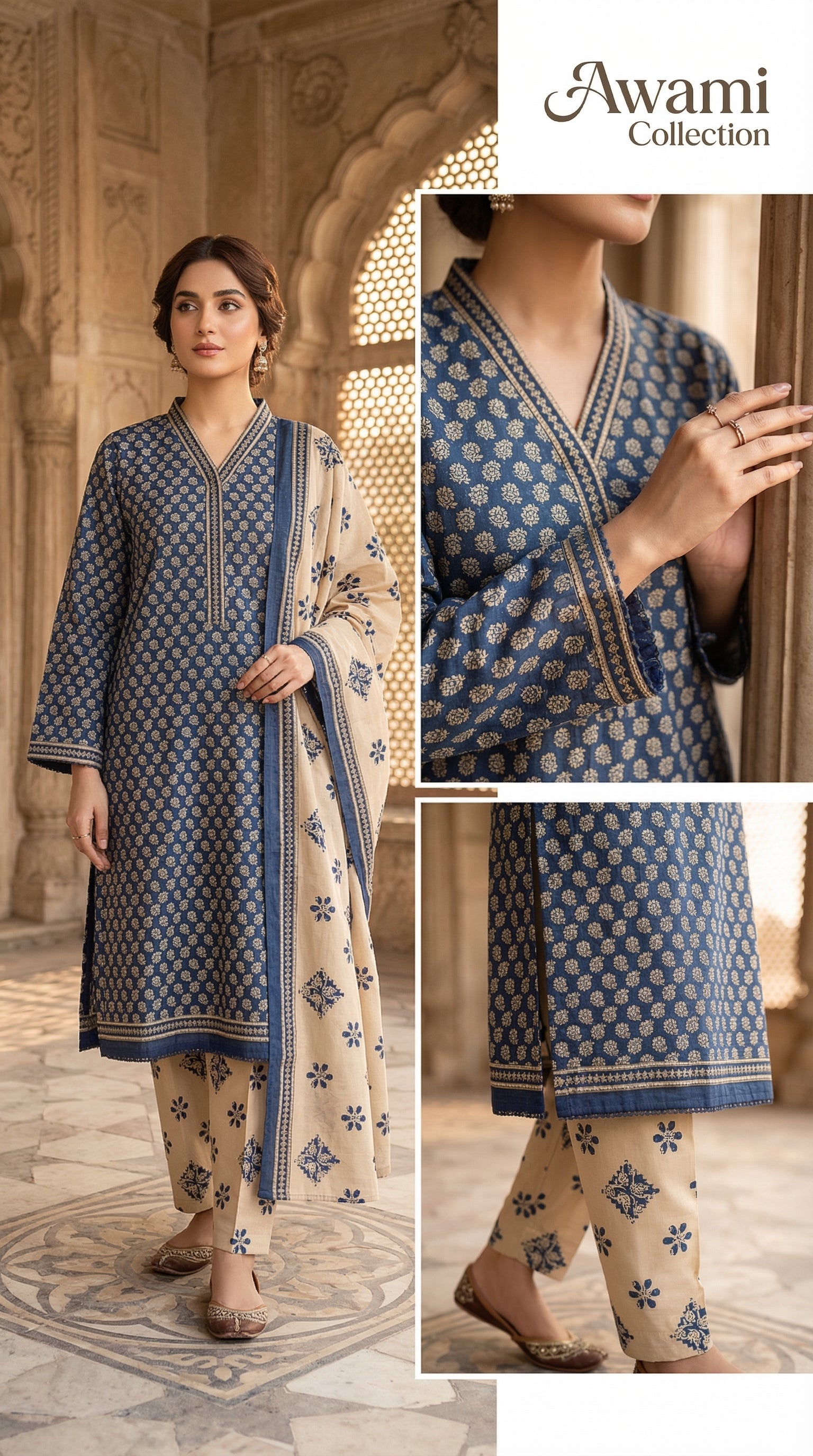 Blue & Beige Printed 3 piece