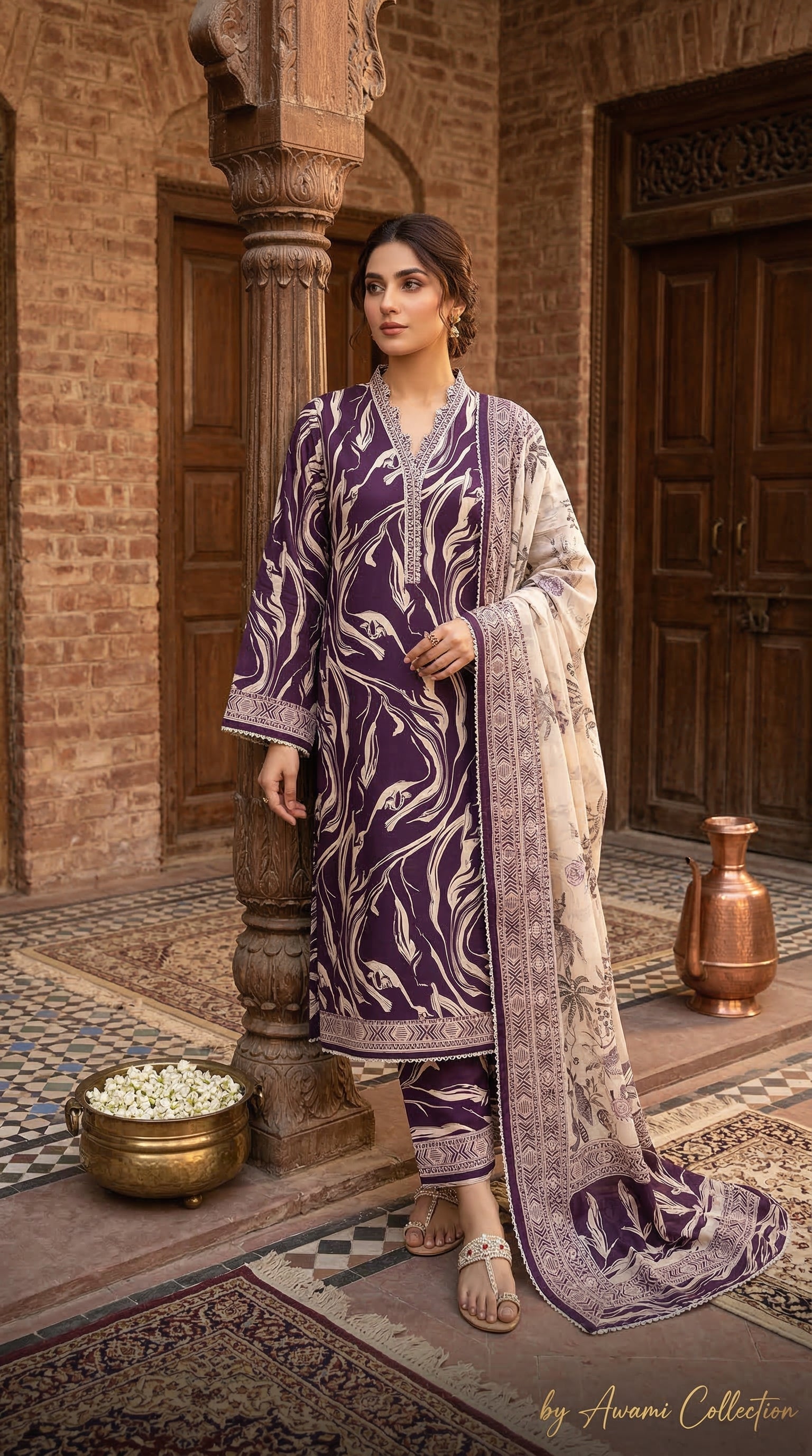 Purple & Beige Abstract Printed Lawn