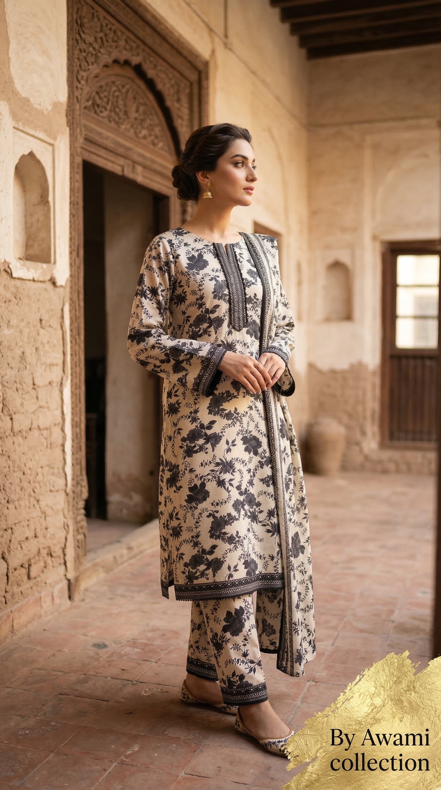 3 Piece Black & White Floral Printed Lawn
