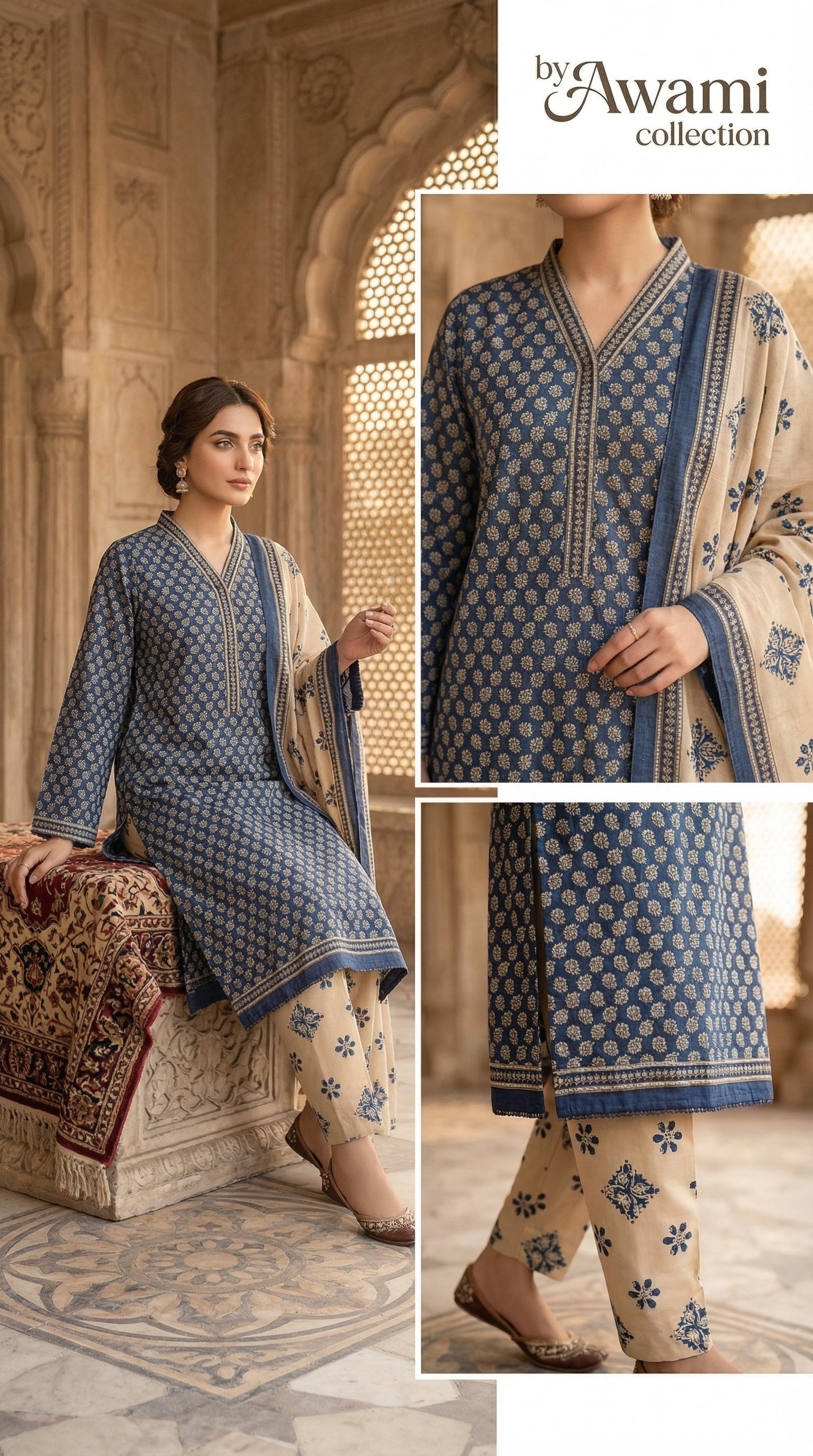 Blue & Beige Printed 3 piece