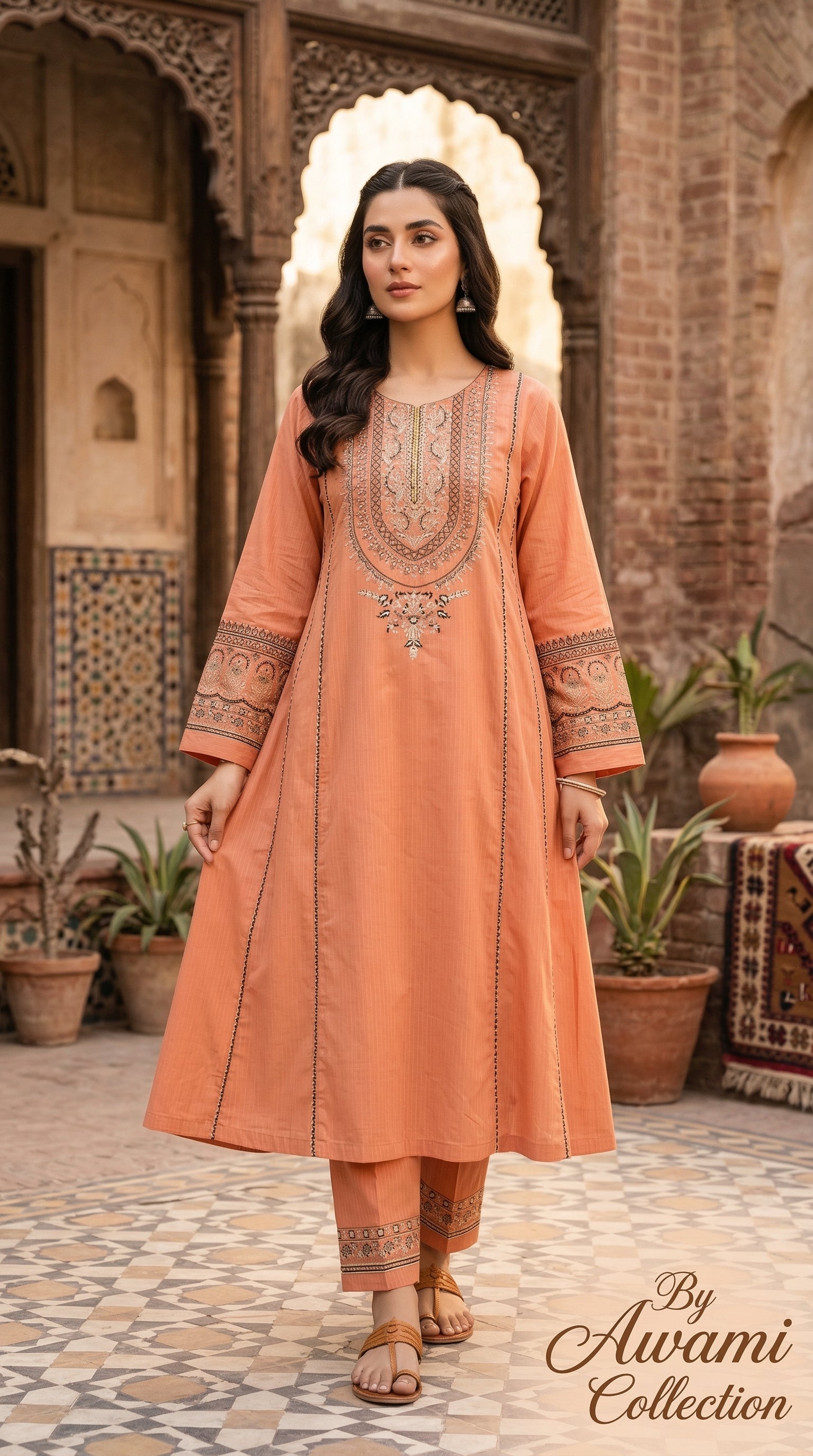 Peach Embroidered 2 Piece Cotton Frock