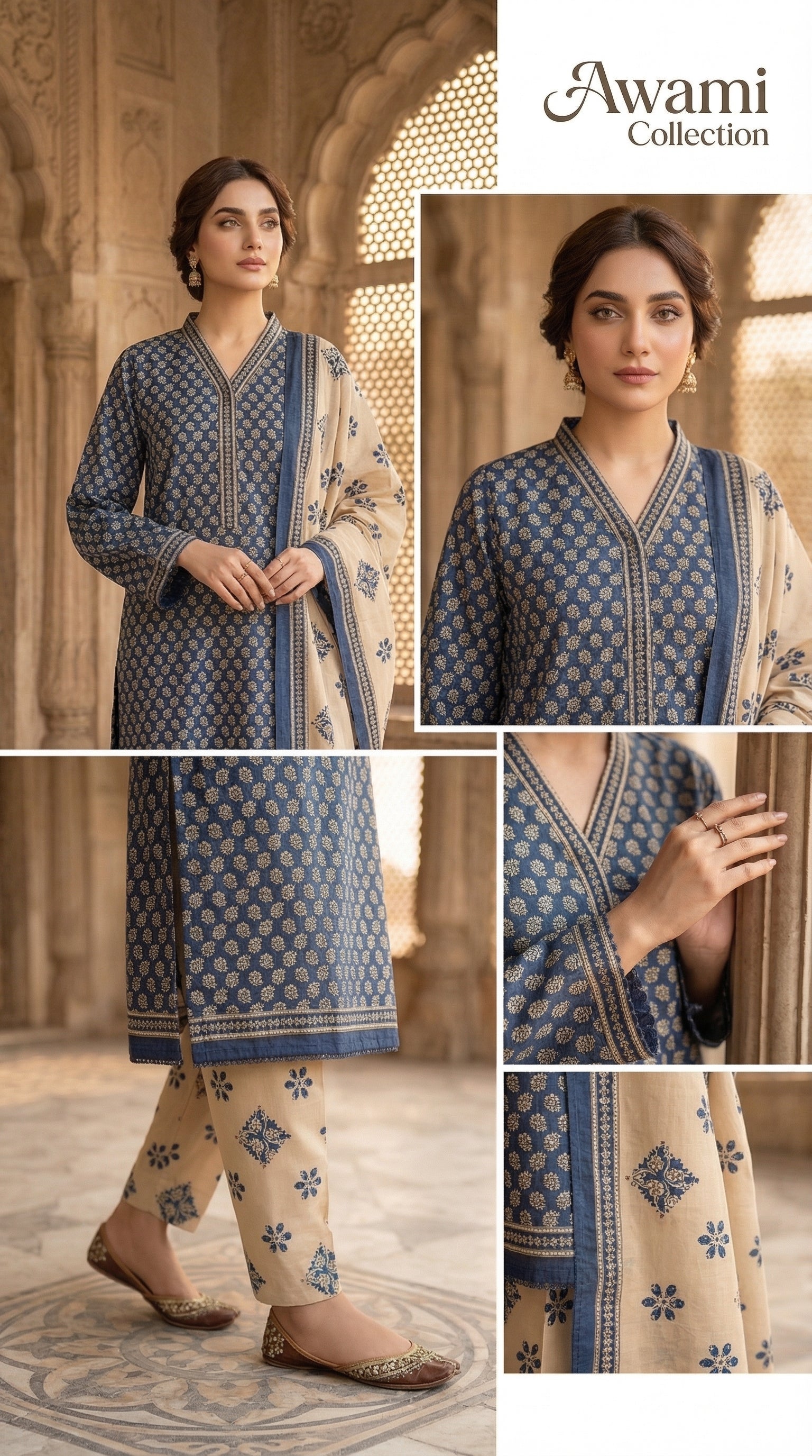 Blue & Beige Printed 3 piece