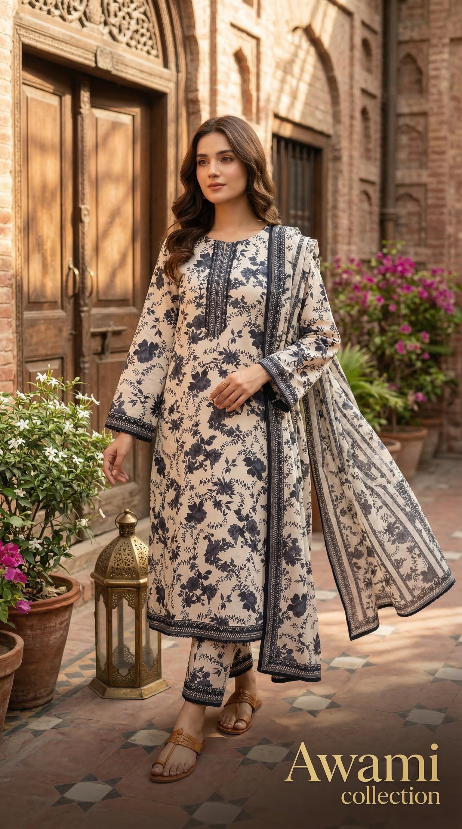 3 Piece Black & White Floral Printed Lawn