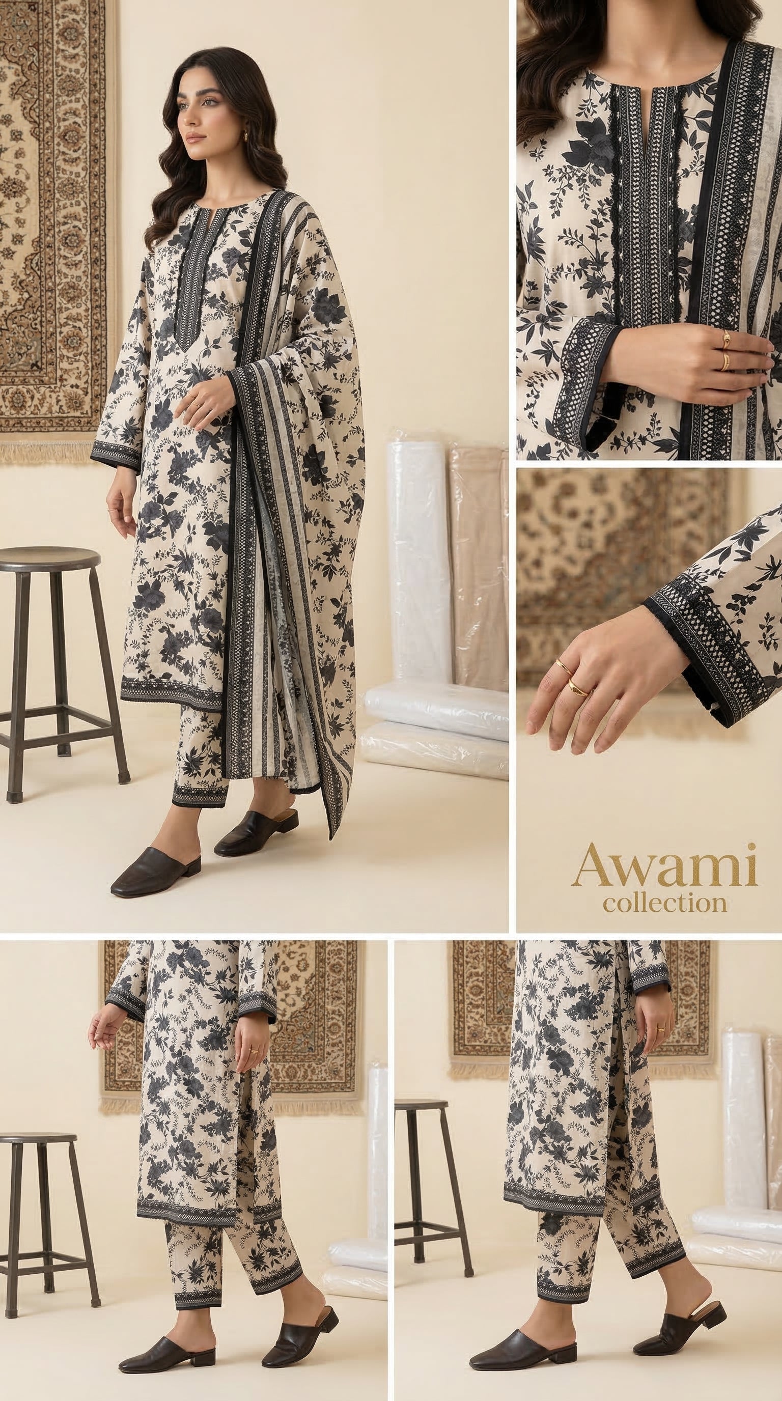 3 Piece Black & White Floral Printed Lawn