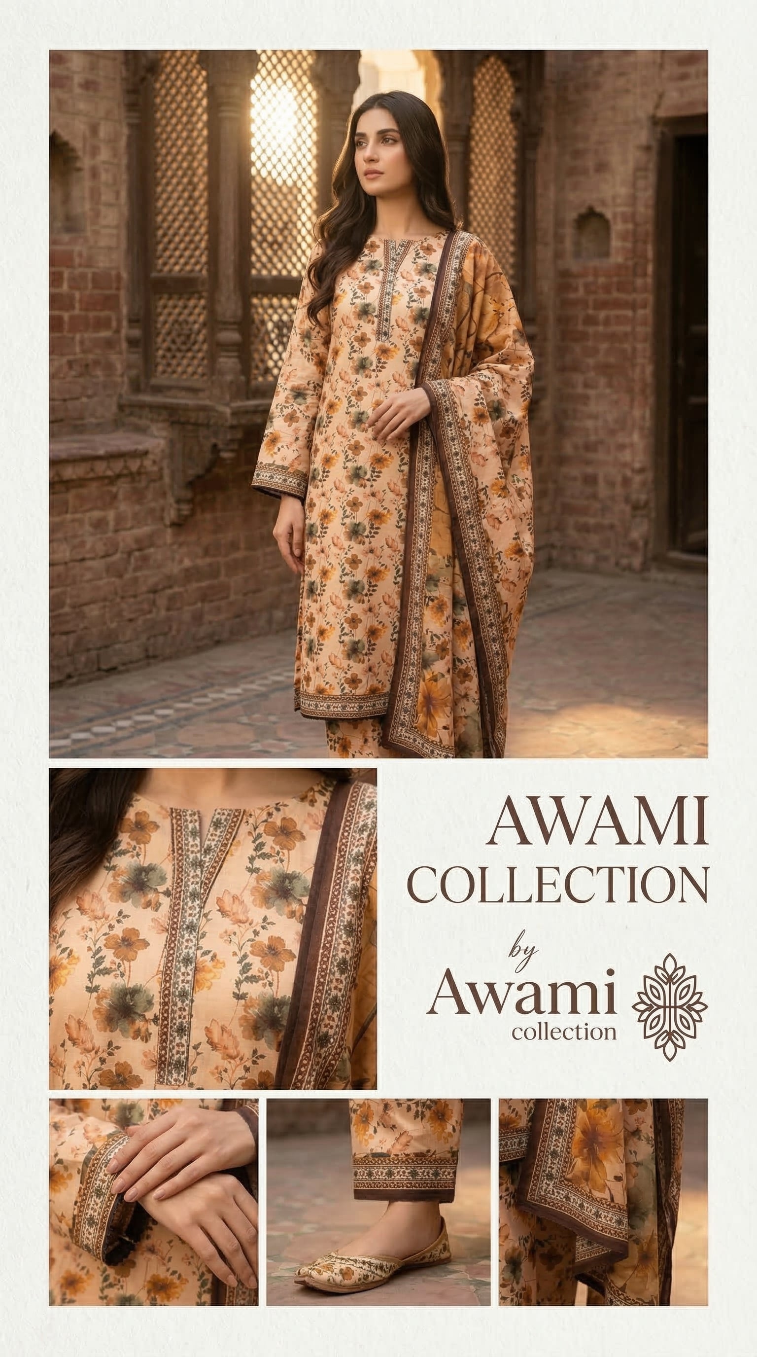 3 piece Peach Floral Printed Lawn